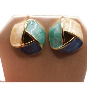 Pierced Earrings Retro Teal Green Blue Beige Enamel Geometric Gold Tone SKU 2224